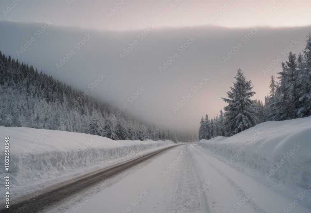 Snowy winter road through the mountains. Snowy winter road through the mountains.