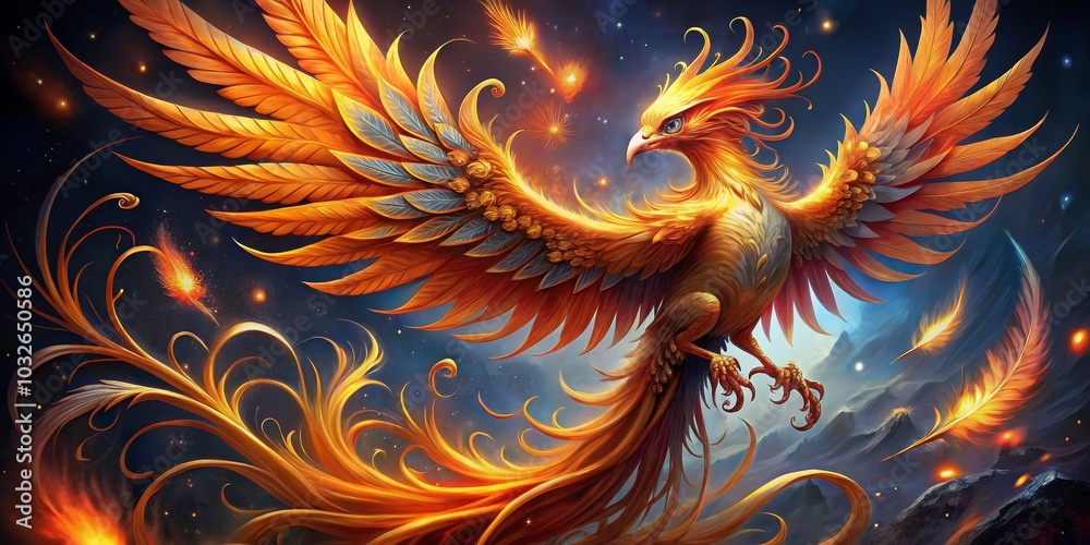 Golden Phoenix in a Starry Sky, Digital Painting, Mythological Creature, Fantasy Art, Phoenix, Mythological