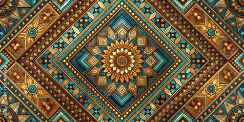 Golden Geometric Mosaic with Teal Accents, Abstract , Pattern