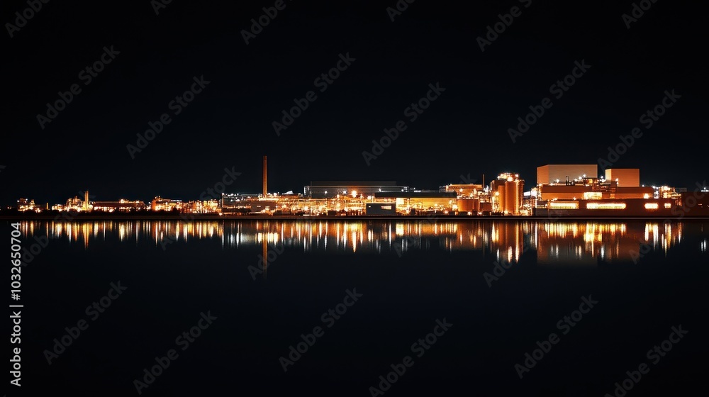 Night view of an industrial facility with illuminated buildings reflecting on water. Night view of an industrial facility with illuminated buildings reflecting on water.