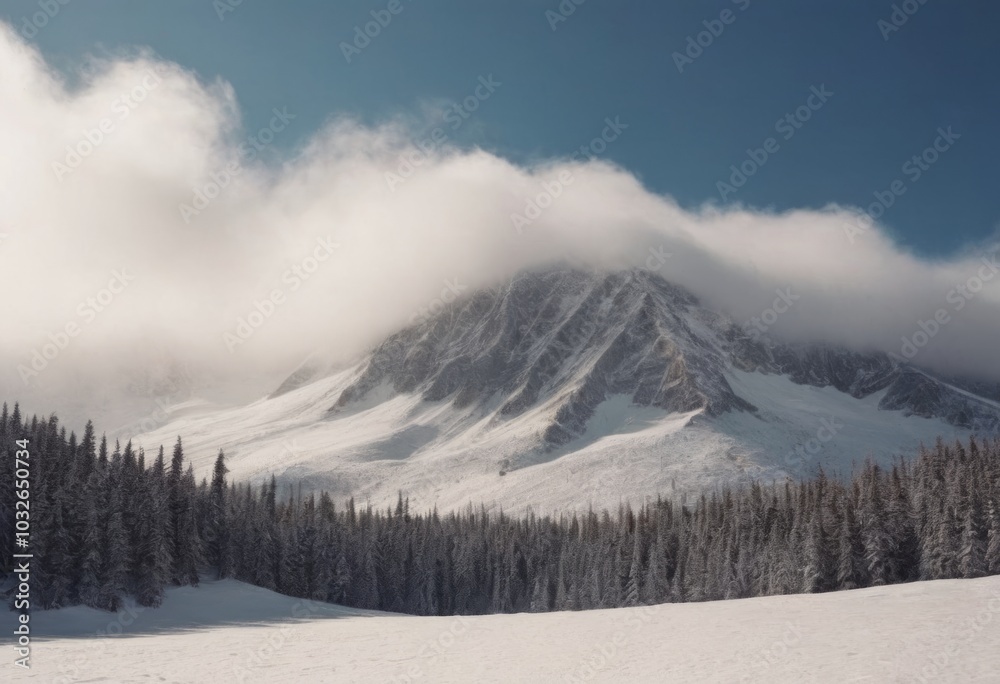 Fototapeta premium Beautiful winter mountains landscape with snow covered trees and blue sky.