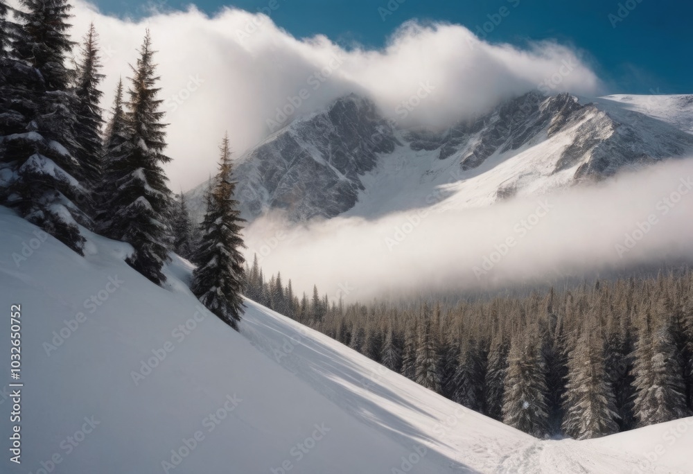 Fototapeta premium Beautiful winter landscape in the mountains with snow and coniferous forest