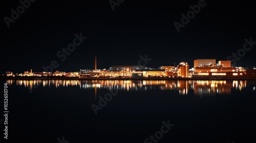 Night view of an industrial facility with illuminated buildings reflecting on water.