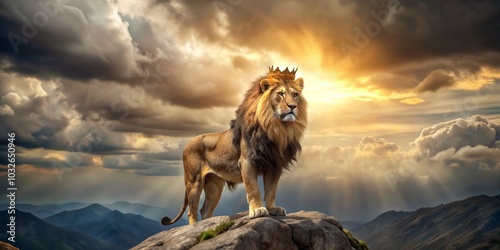 Lion King on a Mountaintop, Golden Sunset, Crowned, Majestic, lion, king , mountaintop