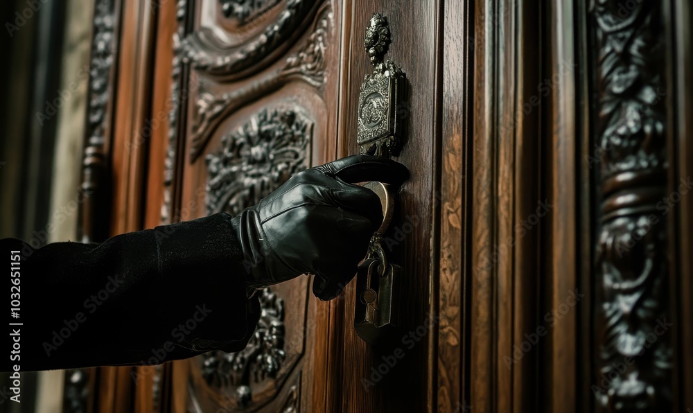 Gloved hand unlocking ornate wooden door. Gloved hand unlocking ornate wooden door.