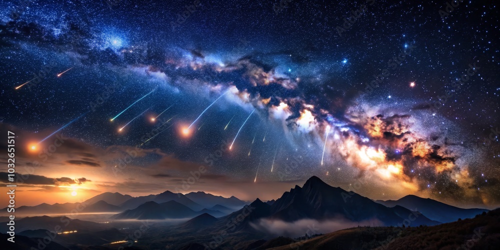 Starry Night Sky with Shooting Stars over Silhouetted Mountains, Milky Way, Night Sky, Shooting Stars Starry Night Sky with Shooting Stars over Silhouetted Mountains, Milky Way, Night Sky, Shooting Stars
