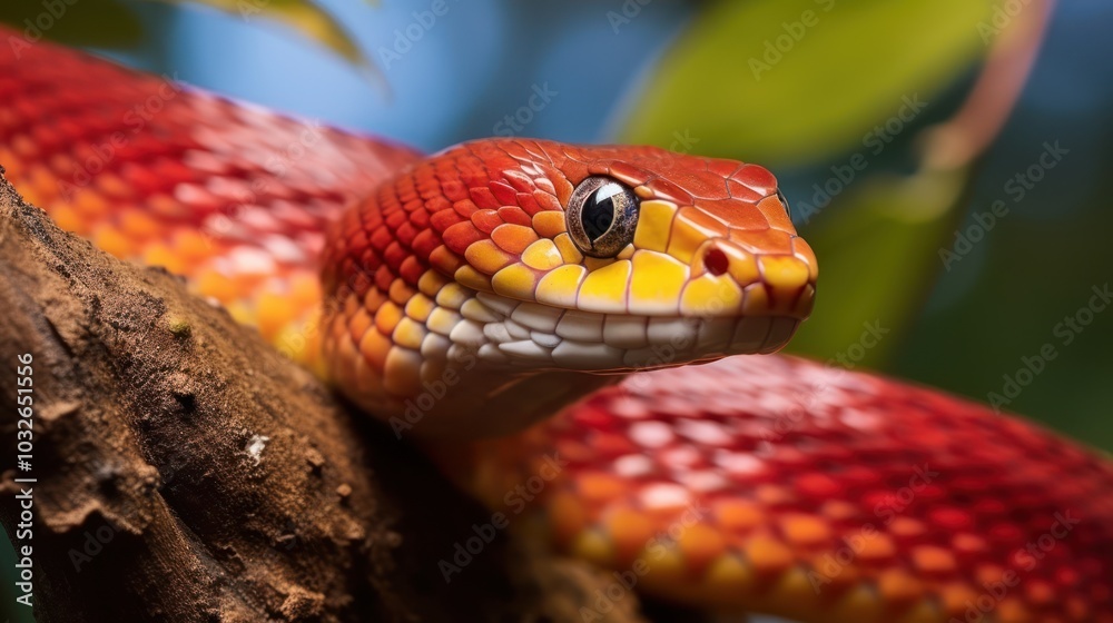 Fototapeta premium Close-Up of a Red and Yellow Snake on a Branch