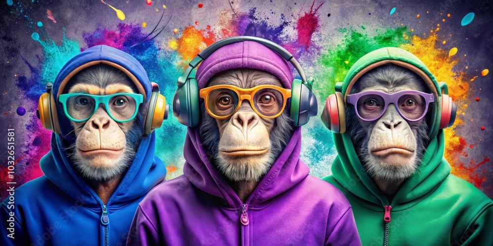 Obraz premium Three Monkeys in Hoodies with Headphones and Colorful Background, Hipster , Monkey Art