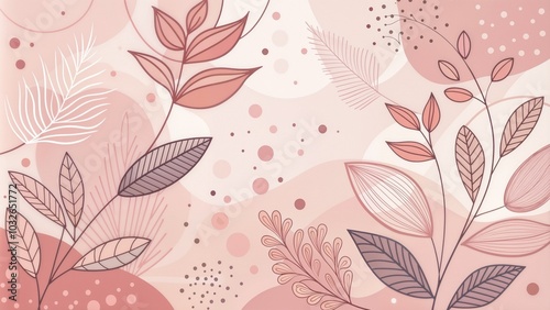 Pink Floral Background with Leaves and Circles in Earth Tones