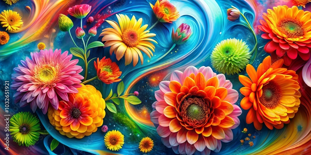 Vibrant Floral Symphony in a Swirling Universe, abstract art, floral art, digital art Vibrant Floral Symphony in a Swirling Universe, abstract art, floral art, digital art
