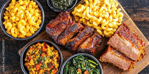 soul food concept with meat, greens, mac and cheese, cornbread 