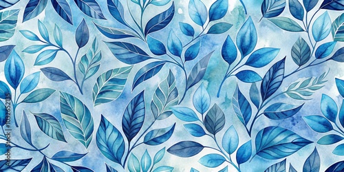 Watercolor Blue Leaves Seamless Pattern, Floral , Botanical