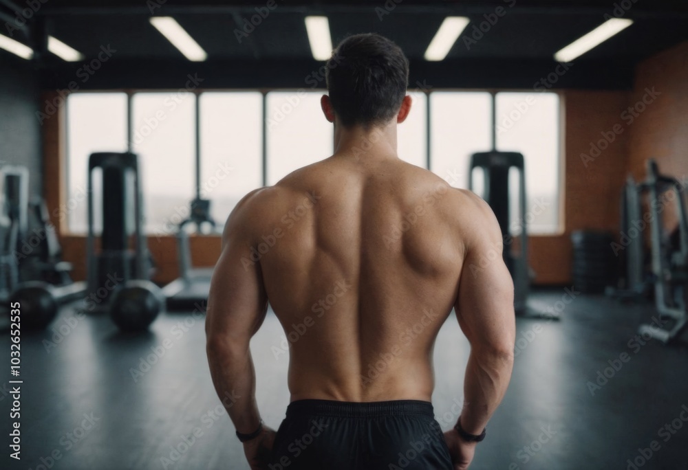 Back view of shirtless man standing at the gym and looking away Back view of shirtless man standing at the gym and looking away