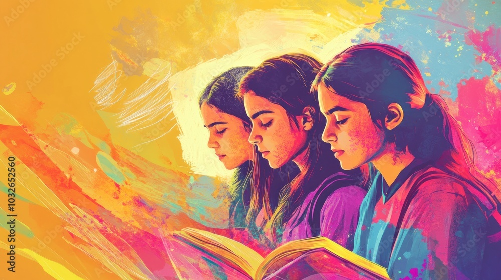 Three girls reading a book, immersed in vibrant colors and artistic expression. Three girls reading a book, immersed in vibrant colors and artistic expression.