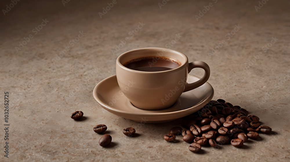 Fototapeta premium A Steaming Cup A Beautifully Cup of coffee and beans Boden Ooh on a Rustic Background