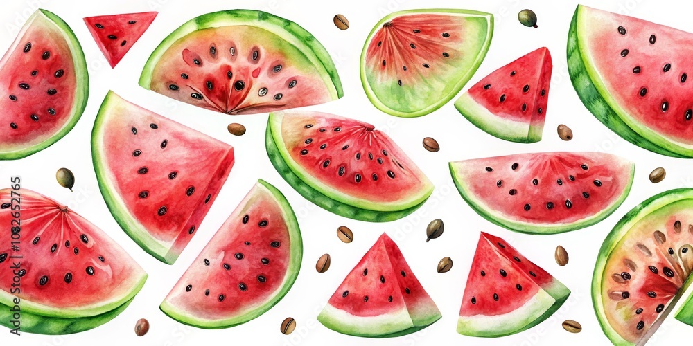 Watercolor Illustration of Juicy Watermelon Slices, Summer Fruit, Refreshing Treat, Watermelon, Summer Fruit Watercolor Illustration of Juicy Watermelon Slices, Summer Fruit, Refreshing Treat, Watermelon, Summer Fruit