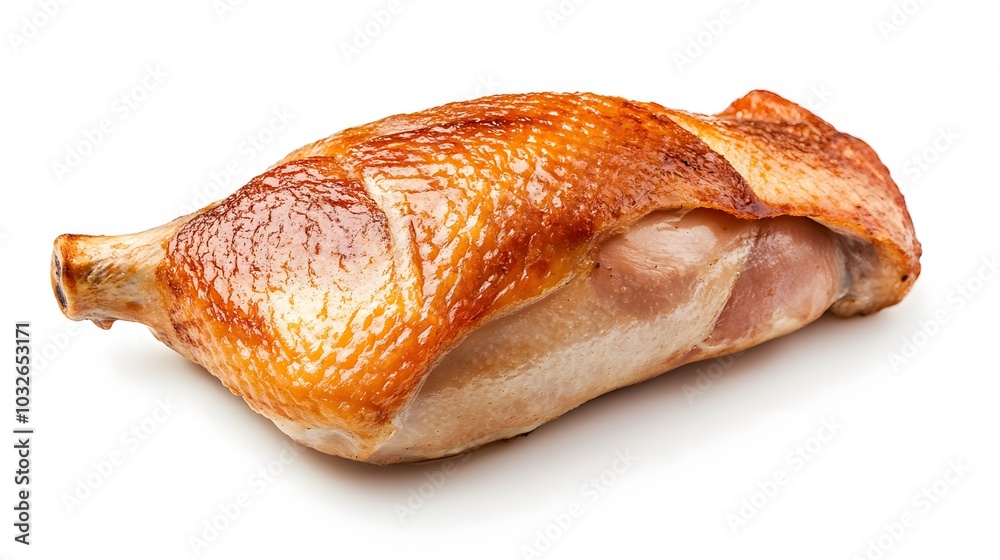 Realistic display of roasted duck breast with a crispy skin and a layer of fat on a white background, emphasizing the golden-brown exterior and juicy pink meat Realistic display of roasted duck breast with a crispy skin and a layer of fat on a white background, emphasizing the golden-brown exterior and juicy pink meat