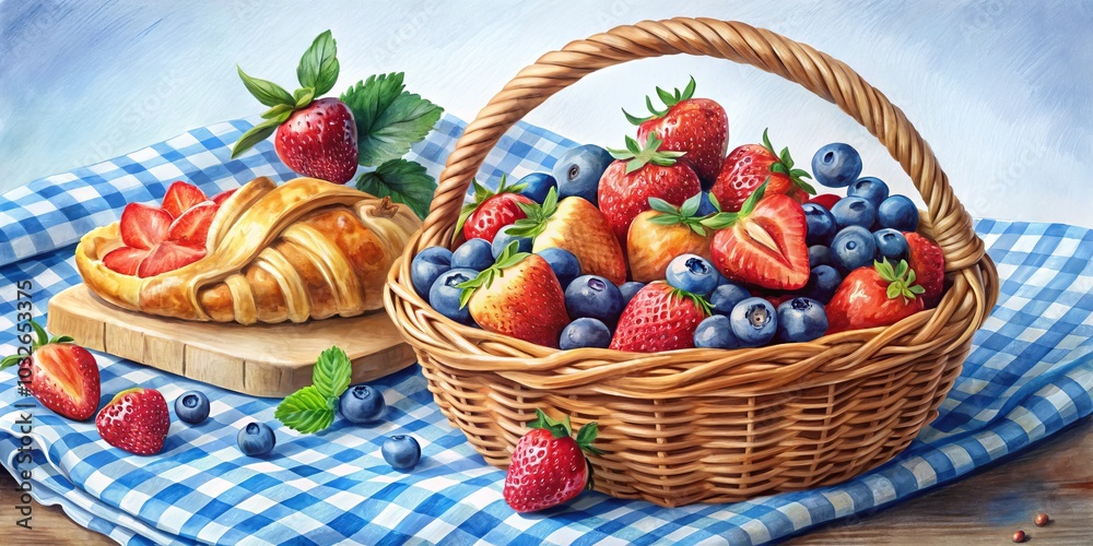 Wicker Basket Filled with Strawberries and Blueberries on a Blue Gingham Tablecloth, Still Life, Watercolor Painting, Fruit, Basket, Gingham, Summer Wicker Basket Filled with Strawberries and Blueberries on a Blue Gingham Tablecloth, Still Life, Watercolor Painting, Fruit, Basket, Gingham, Summer
