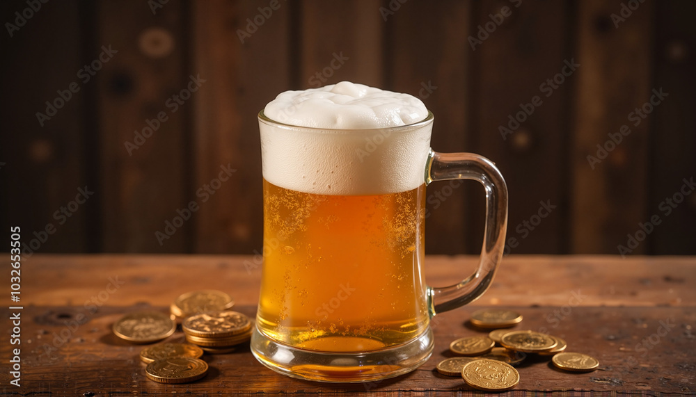 Frothy beer mug with golden coins on a wooden table for a pub setting