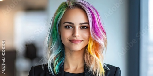 professional female executive with rainbow hair, modern office background  photo