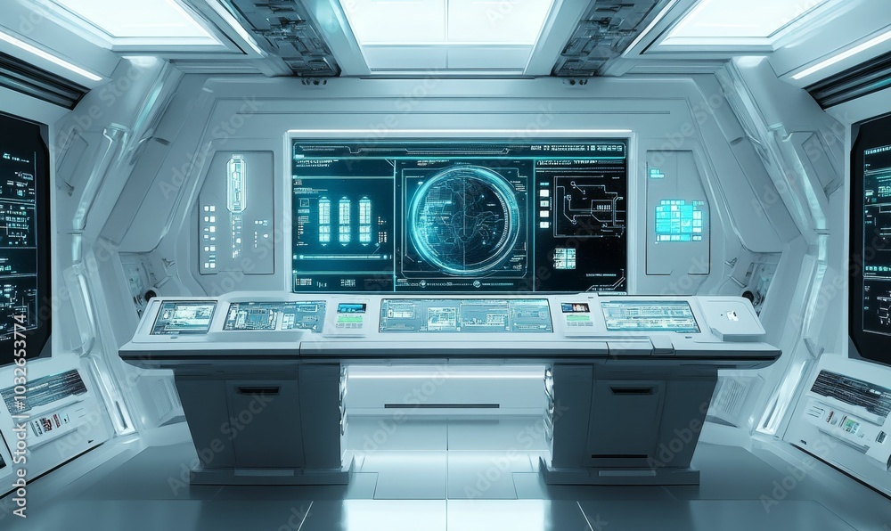 Futuristic control room with digital screens. Futuristic control room with digital screens.