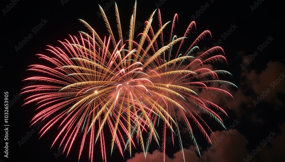 Stunning celebration scene Firework extravaganza lights up the night sky Stunning celebration scene Firework extravaganza lights up the night sky