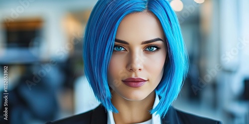 professional female executive with blue hair, modern office background photo