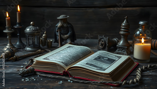 Book of magic and other magical accessories on wooden table background. Witchcraft. Witch doctor isolated with white highlights, png photo