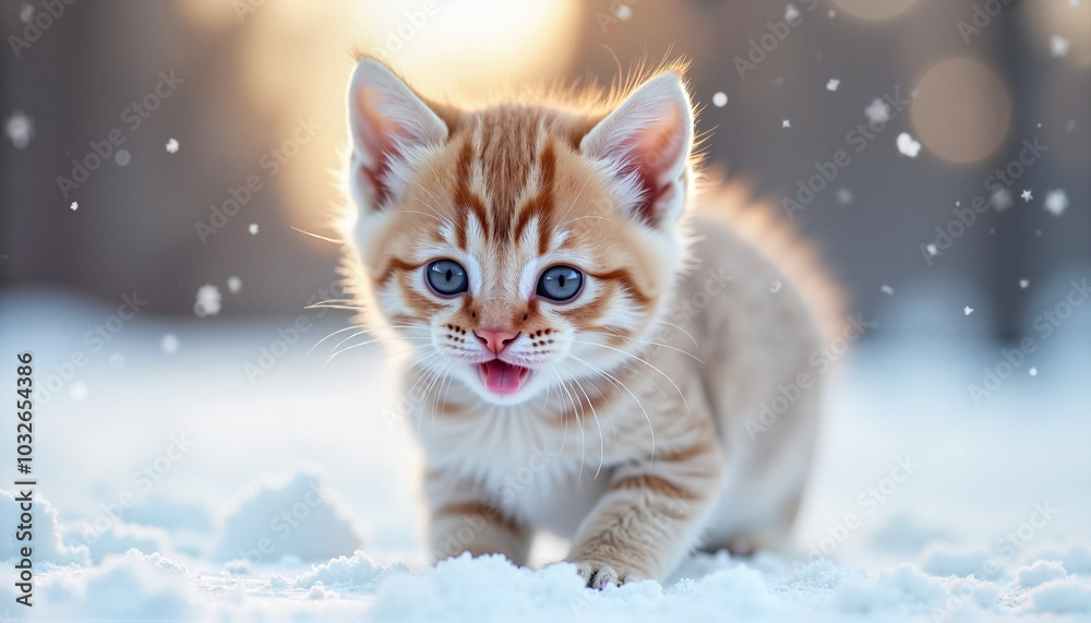 Playful orange kitten meowing in the snow during winter with sunlight background Playful orange kitten meowing in the snow during winter with sunlight background