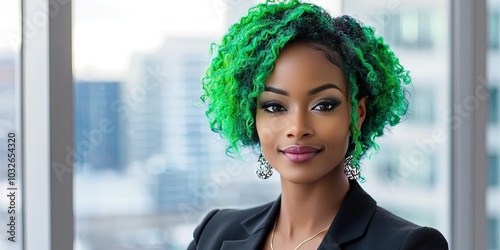 professional black female executive with green hair, modern office background photo