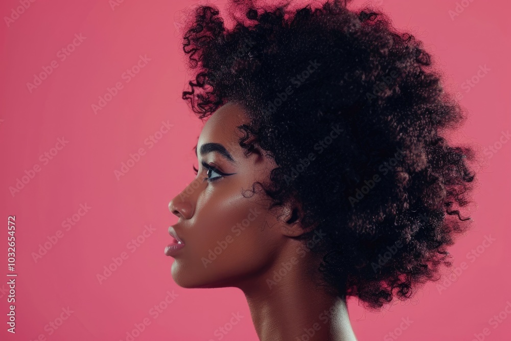 Fototapeta premium Beautiful Afro woman in profile photo on pink background.