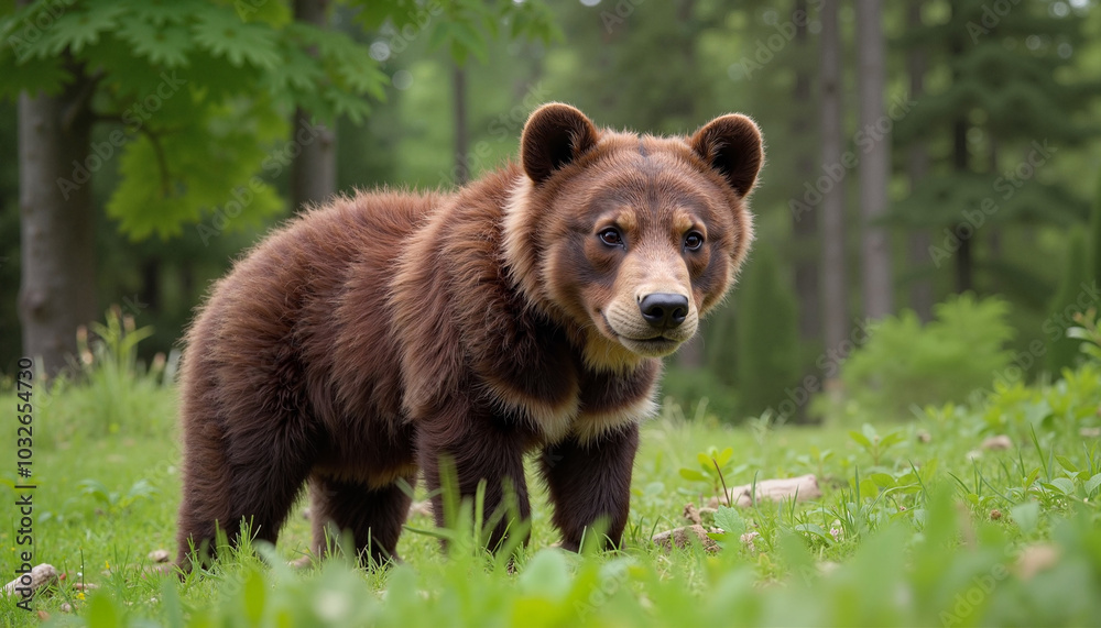 Fototapeta premium Brown bear looking curiously in the forest with a natural background