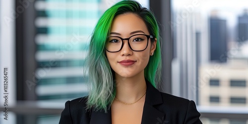 professional asian female executive with green hair, modern office background photo