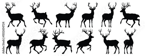 Deer silhouettes set, animal pack of vector silhouette design, isolated background
