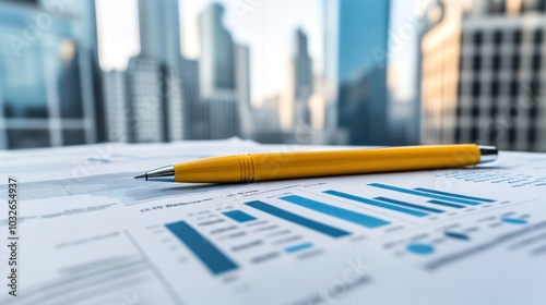 A yellow pen rests on financial documents with bar graphs against a city skyline backdrop.