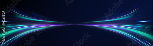 Abstract neon background with shining wires. Motion design. Magic empty space. Panoramic high speed technology concept, light abstract background.