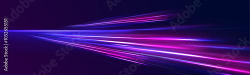 Abstract neon background with shining wires. Motion design. Magic empty space. Panoramic high speed technology concept, light abstract background.