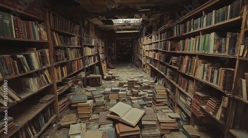 A dimly lit, abandoned library with scattered books and shelves lined with dusty volumes.