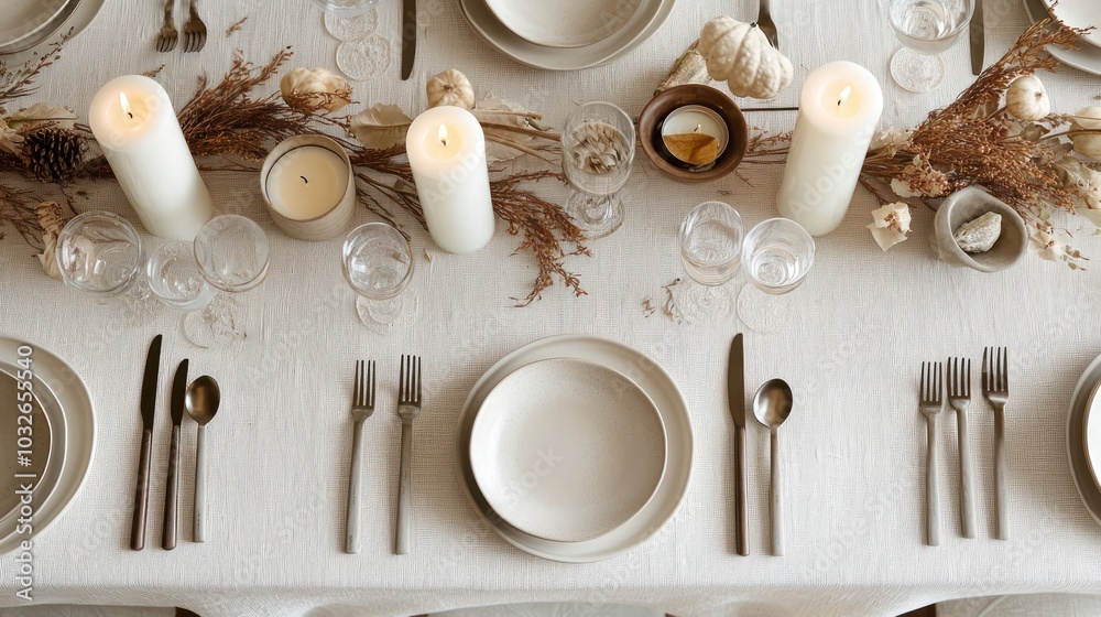 Thanksgiving table with a minimalist modern feel, neutral tones, sleek dishes, and candles