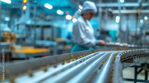 Wallpaper Mural Food processing plant worker oversees biscuit production on conveyor Torontodigital.ca