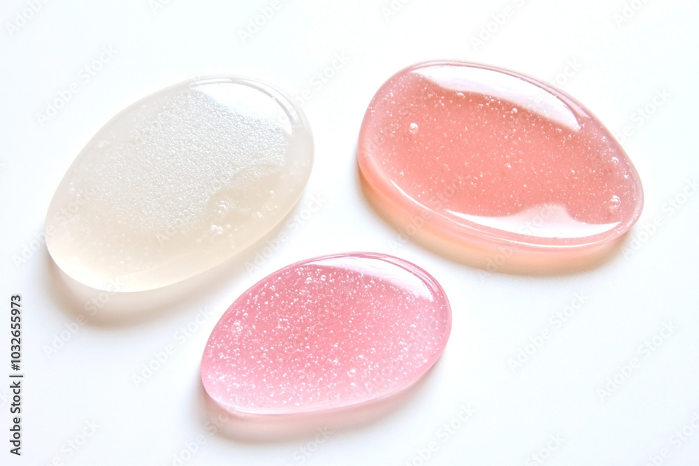 Close-up of three translucent gel textures in white and pink tones with shimmering glitter, arranged on a smooth white surface Close-up of three translucent gel textures in white and pink tones with shimmering glitter, arranged on a smooth white surface