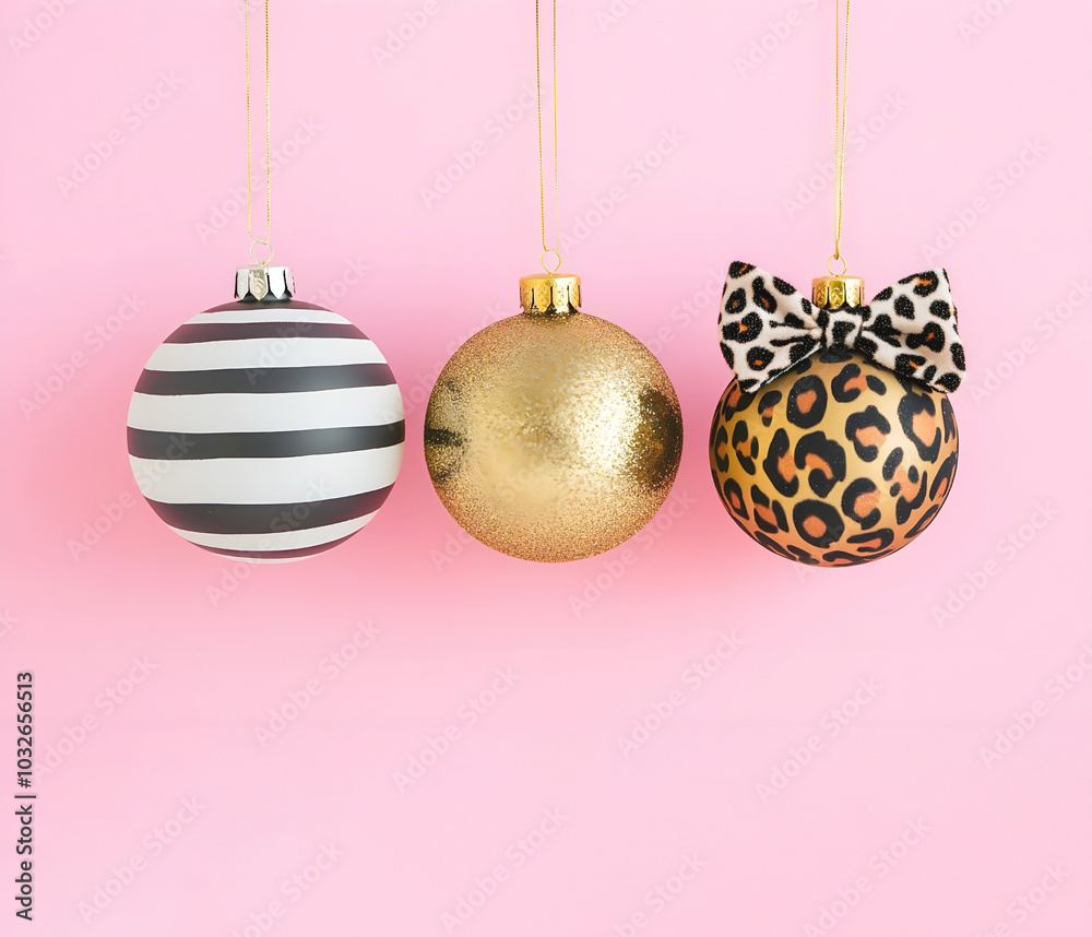 Three of stylish Christmas ornaments in striped, glittery gold, and leopard print designs, hanging against a pastel pink background. Copy space Three of stylish Christmas ornaments in striped, glittery gold, and leopard print designs, hanging against a pastel pink background. Copy space