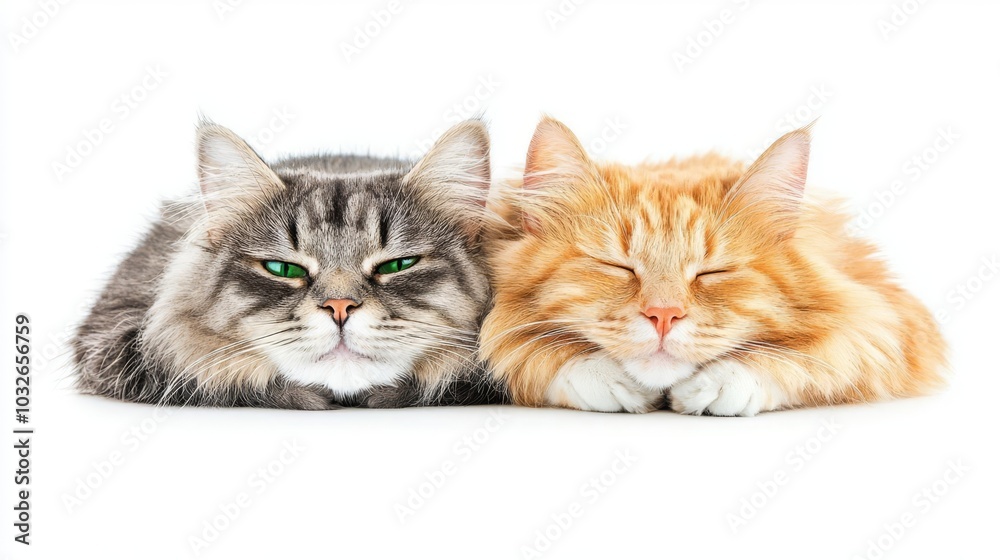 Two adorable cats resting side by side, showcasing their unique fur patterns and peaceful expressions. Two adorable cats resting side by side, showcasing their unique fur patterns and peaceful expressions.