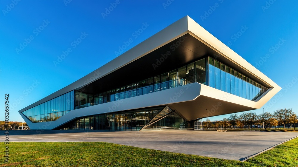 Modern architectural building with sleek design and large glass windows under a clear sky. Modern architectural building with sleek design and large glass windows under a clear sky.