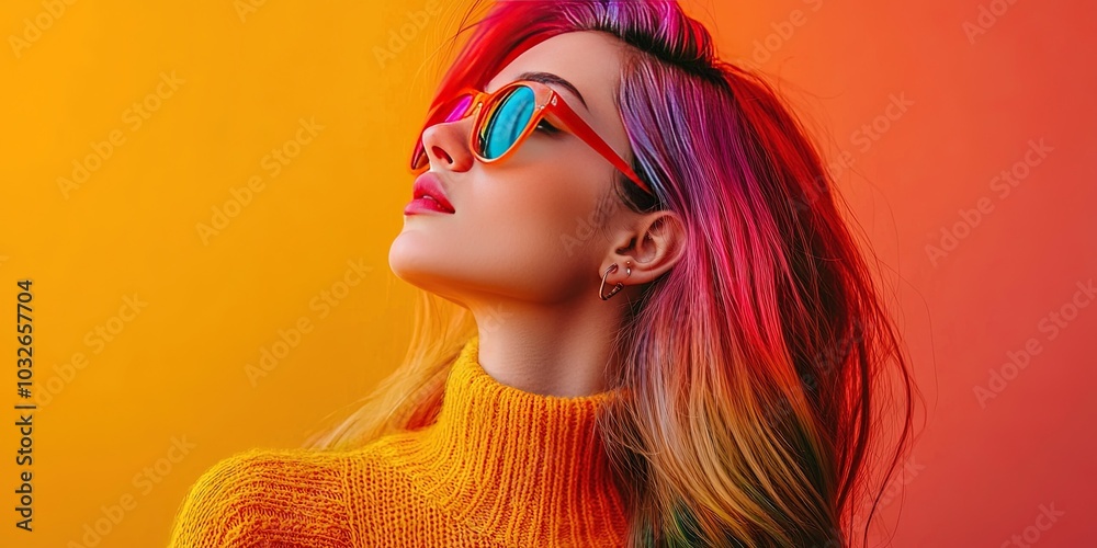 Naklejka premium Gen Z woman with rainbow hair, Christmas winter, solid background