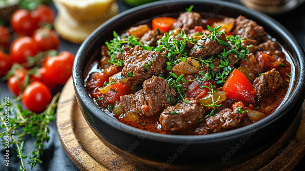 beef bourguignon, showcasing the rich, hearty essence of this classic French stew, garnished with fresh herbs, highlighting its comforting and indulgent nature beef bourguignon, showcasing the rich, hearty essence of this classic French stew, garnished with fresh herbs, highlighting its comforting and indulgent nature