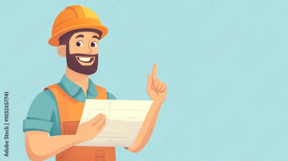 A cheerful construction worker holding plans, ready to share ideas or instructions. A cheerful construction worker holding plans, ready to share ideas or instructions.
