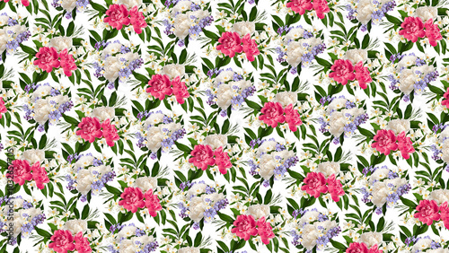 Floral background based on a seamless pattern. Peonies, jasmine flowers and lilac flowers isolated on a white background. Perfect for cards, invitations, wallpaper, wrapping paper, wedding cards. photo