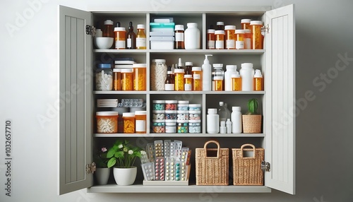 A clean and organized medicine cabinet filled with prescription bottles 