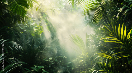 Lush tropical rainforest with sunlight filtering through dense foliage in the early morning